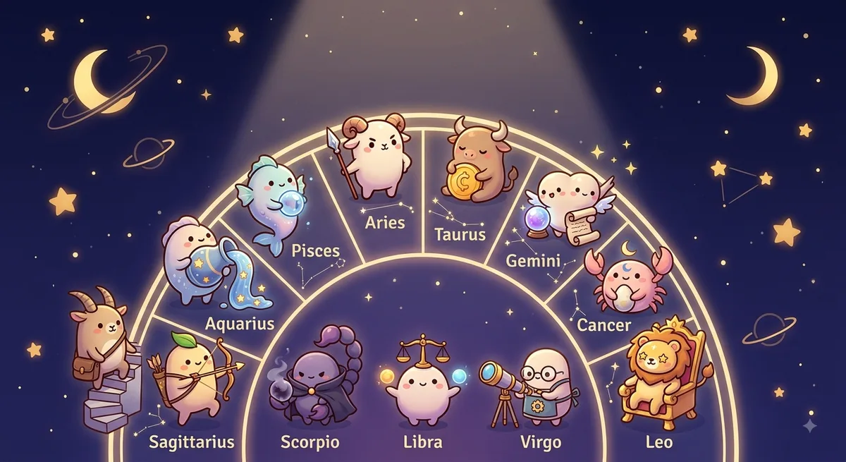 A cosmic zodiac wheel of twelve peptide characters under a starry sky